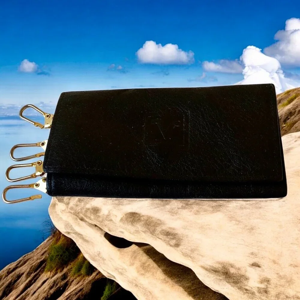 Valentino Rudy Italy Black Leather KEY COIN CARD Wallet Mens Tri-Fold